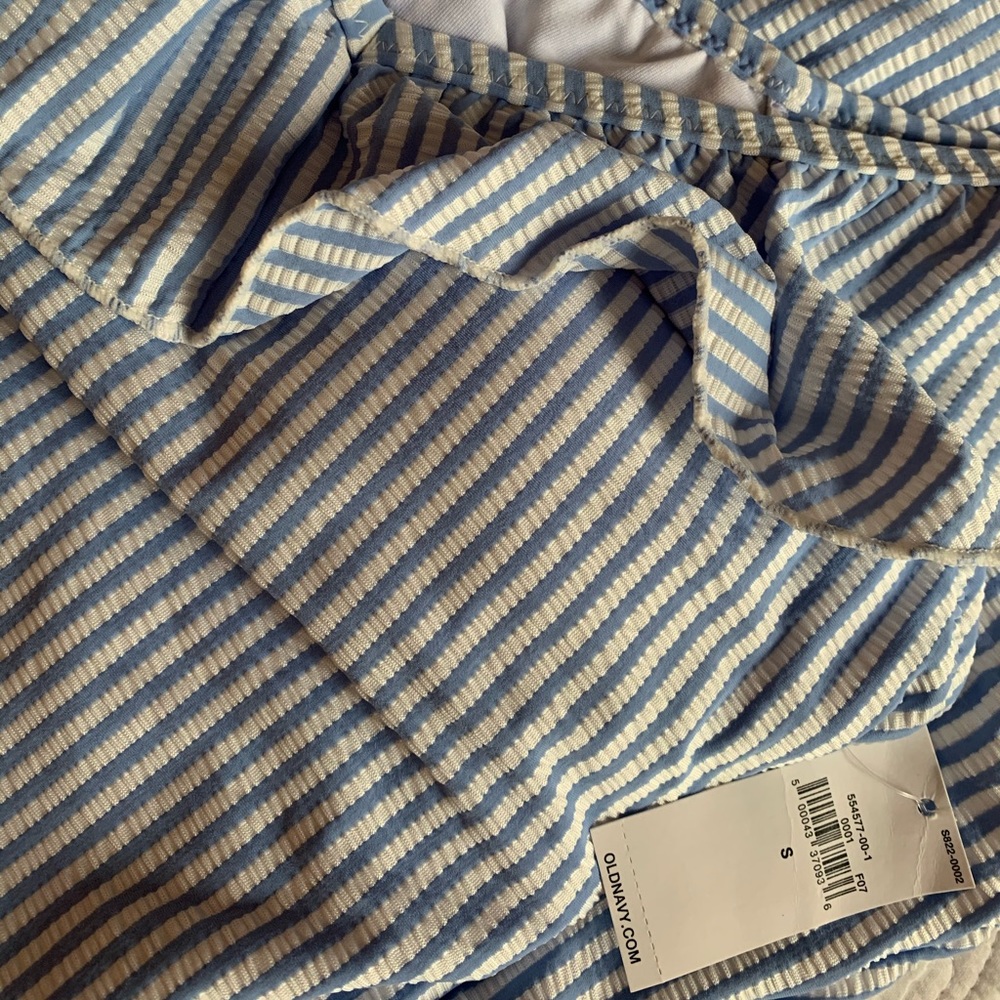 Blue and white striped one piece bathing suit.